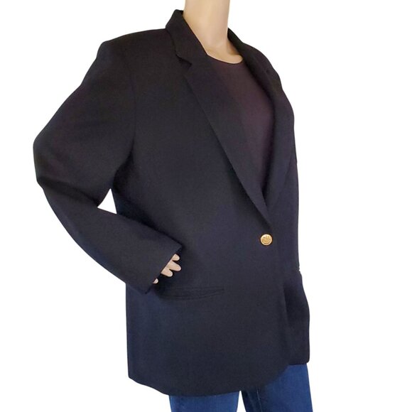 Herman Geist Crest Logo Black Wool Blazer Jacket Academia Womens 16 Lined Pocket - Picture 9 of 13